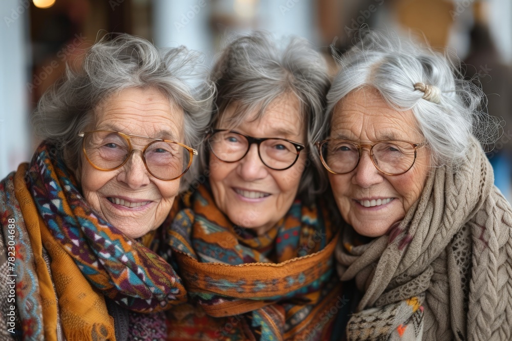 Close-up portrait of three elderly women with a joyful expression, showcasing the beauty of aging and companionship Close-up portrait of three elderly women with a joyful expression, showcasing the beauty of aging and companionship