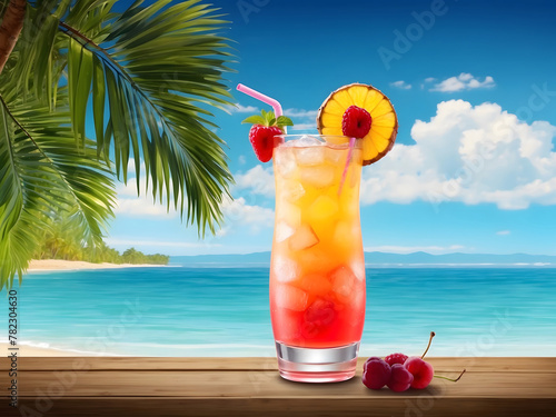 Indulge in a refreshing tropical summer cocktail with a stunning beach design and palm tree background design.
