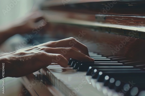 Closeup of hands playing the piano, white background, natural light, soft tones, indoor envir