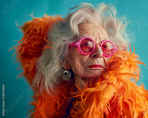 Das Porträt einer älteren Frau in farbenfroher Kleidung und auffälligen Accessoires