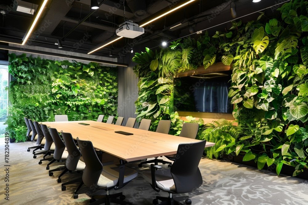 Fototapeta premium Contemporary meeting rooms with bio-design elements and vibrant greenery. Promote a sense of well-being and connection to nature during meetings and discussions.