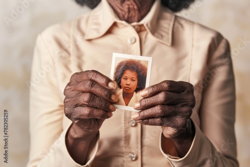 Elderly Black woman's hands holding a photograph of a young girl. senior black woman holding old photograph of her younger self