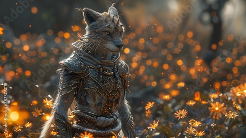 Chimeric Guardian Adorned in Mystical Metallic Armor Amid Glowing Floral Field in Fantastical Scene
