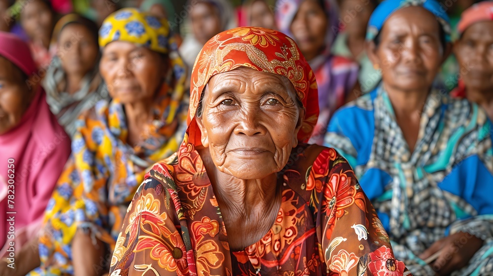 Women of East Timor Timor-Leste. Women of the World. An elderly woman in colorful traditional attire sits among a group of people with a thoughtful expression on her face.  #wotw