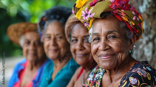 Women of Dominican republic. Women of the World. Four elderly women with colorful headscarves smiling outdoors, representing diversity and joy among friends.  #wotw