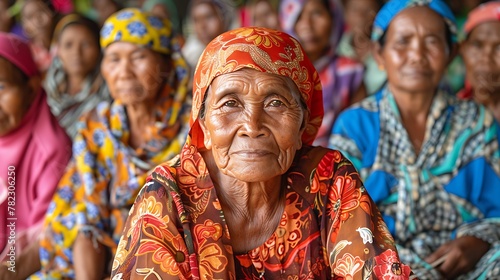 Women of East Timor Timor-Leste. Women of the World. An elderly woman in colorful traditional attire sits among a group of people with a thoughtful expression on her face.  #wotw photo