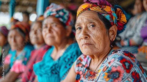 Women of El salvador. Women of the World. A group of indigenous women in colorful traditional clothing sit together, exuding cultural richness and diversity.   wotw © Vivid Canvas