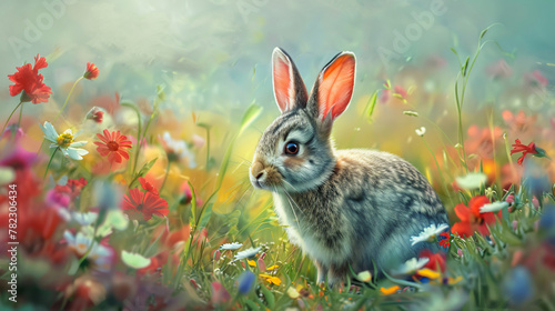 Cute Easter Bunny in a Field of Flowers