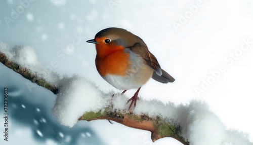 Close-Up: Robin Perched on a Snow-Covered Branch Highlighting Its Vibrant Red Breast Against the White Snow