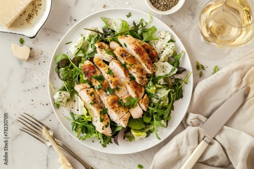 Bird s eye view of chicken Caesar salad with gravy boat utensils wine and space for text photo