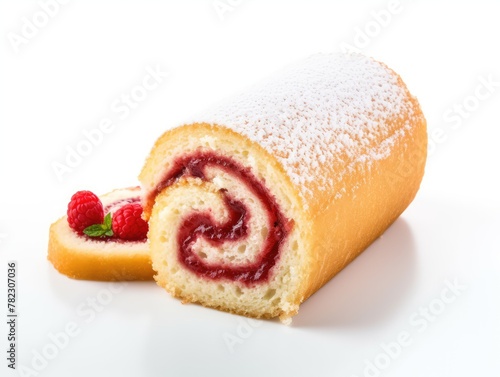 Fruit Swiss Roll, Round Sponge Cake, Sliced Rolled Vanilla Biscuit with Jam Filling, Swiss Dessert, Log Cake photo