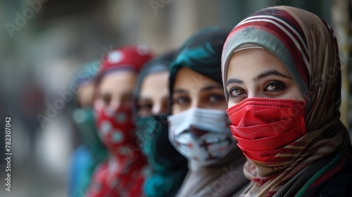 Women of Lebanon. Women of the World. Group of women with colorful headscarves and face masks standing in a row, focusing on the one in the foreground with a red mask  #wotw photo