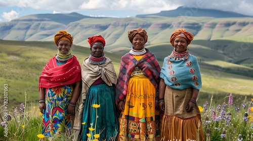 Women of Lesotho. Women of the World. Four smiling women dressed in traditional African attire stand in a field with a scenic mountainous background, suggesting cultural diversity and heritage.  #wotw photo