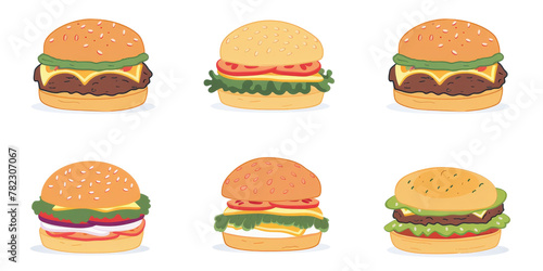 Set of burgers. Various burgers flat icon collection isolated on white background.