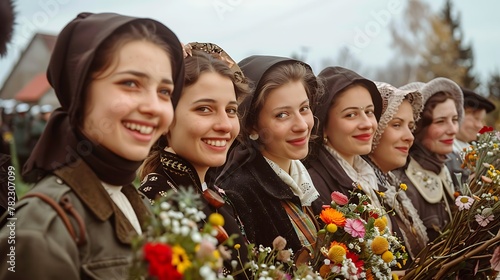 Women of Lithuania. Women of the World. A group of smiling women in traditional headscarves holding bouquets of flowers at a cultural event.  #wotw photo