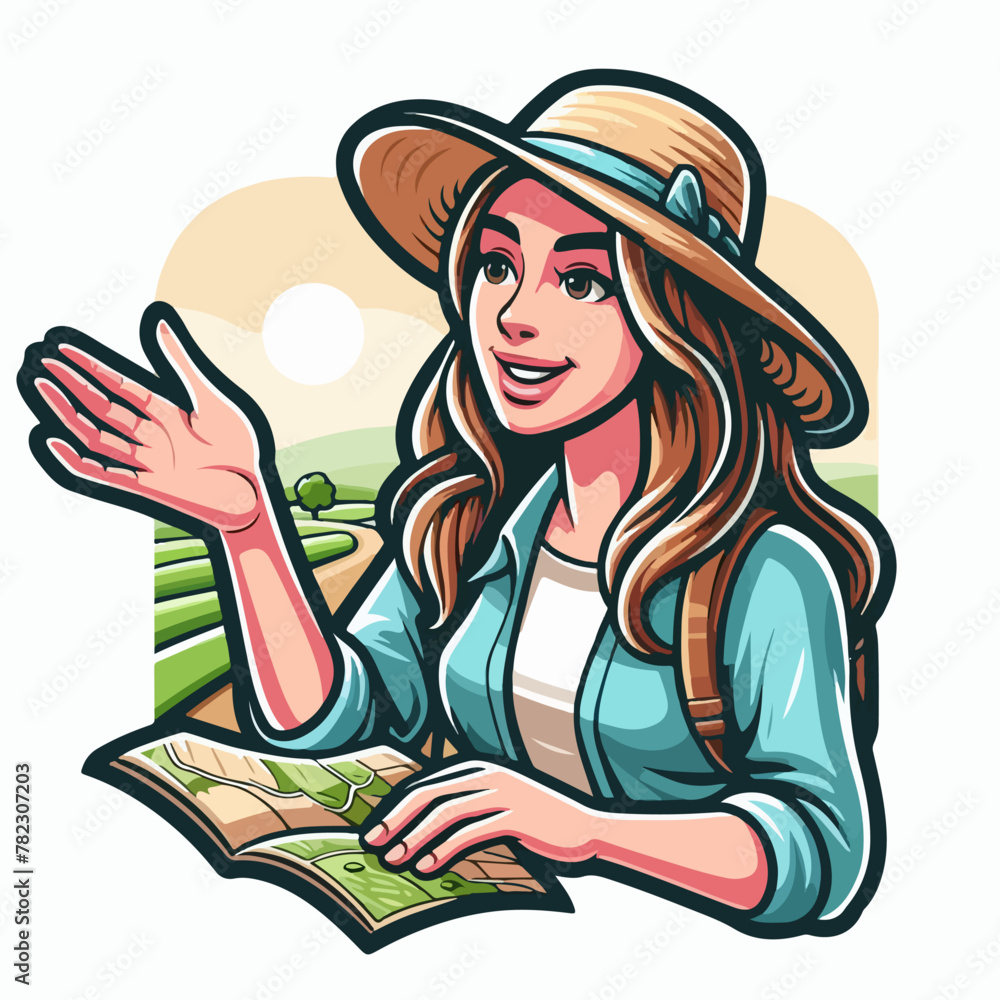 Female guide vector creates cartoon illustrations with hand gestures ...