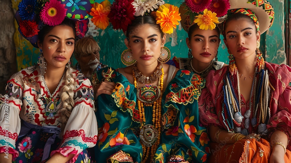 Women of Mexico. Women of the World. Traditional Mexican women in colorful attire with floral headpieces pose solemnly in a vibrant setting  #wotw
