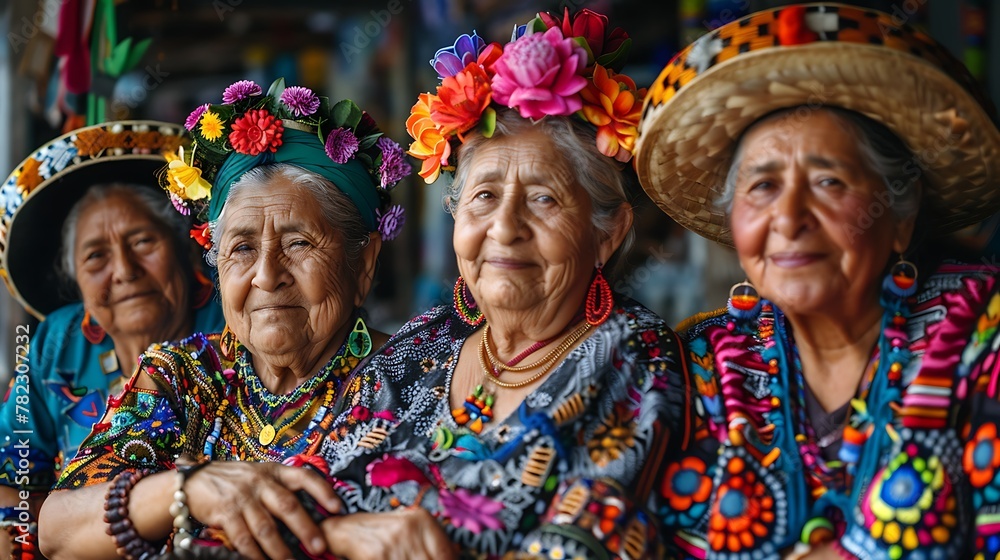 Women of Mexico. Women of the World. Four elderly women wearing traditional dresses and colorful flower hats sit together, exuding a sense of culture and joy.  #wotw