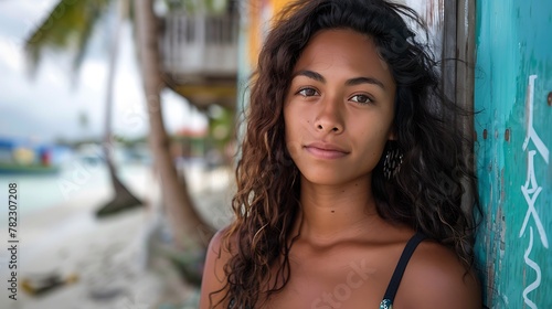 Women of Marshall islands. Women of the World. A serene young woman with curly hair stands beside a graffiti wall, showcasing a calm expression against a tropical backdrop. #wotw