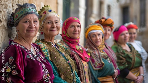 Women of Malta. Women of the World. A group of smiling women in colorful traditional headscarves and costumes standing in a line against an old building's wall #wotw