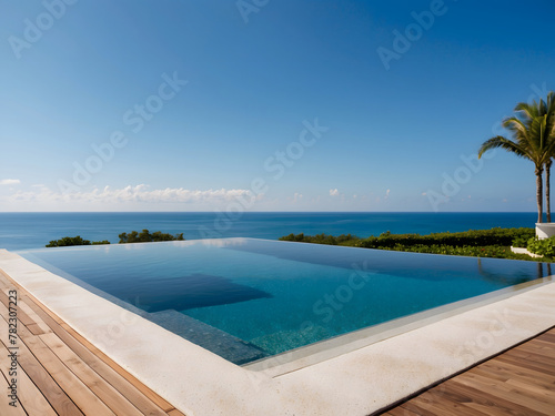 Luxurious Infinity Pool Overlooking the Ocean with a Clear Blue Sky at a Modern Resort design. © Mahmud