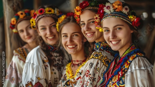 Women of Moldova. Women of the World. A group of joyful young women wearing traditional Ukrainian attire and floral head wreaths, showcasing cultural beauty and heritage.  #wotw