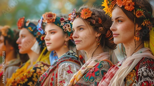 Women of Moldova. Women of the World. A vibrant lineup of women wearing traditional Ukrainian headpieces and embroidered garments, expressing cultural beauty and pride. #wotw