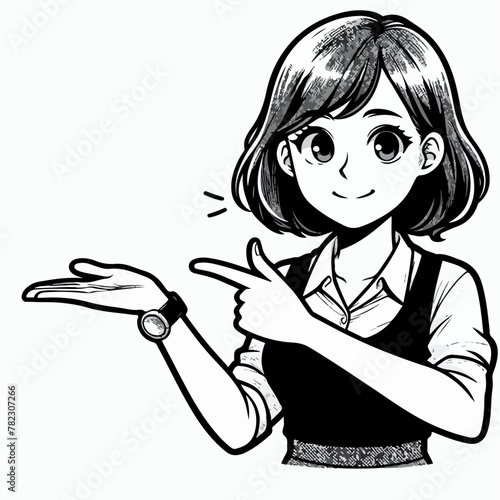 Female guide vector creates cartoon illustrations with hand gestures