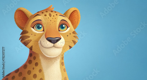 Cartoon cheetah character on a blue background. Copy space for text.