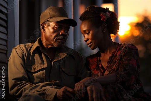Elderly African American man and woman sit close together at sunset.