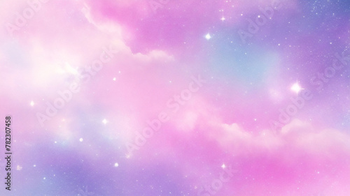 Rainbow unicorn pastel background with glitter stars. Pink fantasy sky. Holographic space with bokeh. Fairy iridescent gradient backdrop. Vector	