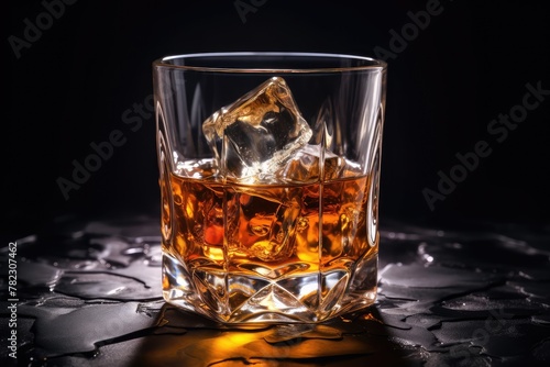 Iced Whiskey Glass on Black Stone Background, Luxury Bourbon with Ice Cubes, Cold Brandy, Whisky
