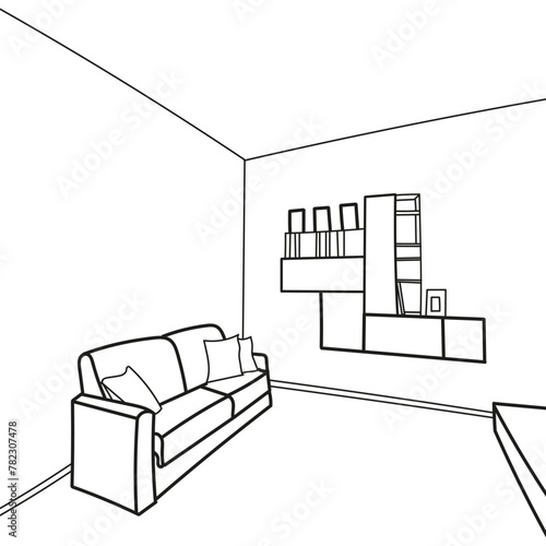 Hand drawn black and white guest room design sketch
