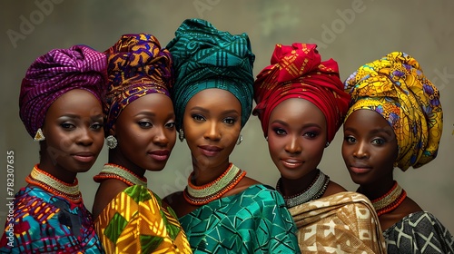 Women of Nigeria. Women of the World. A group of women adorned in colorful traditional African headscarves and attire pose confidently for a portrait.  #wotw