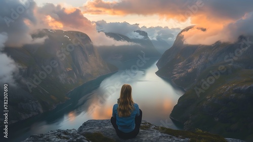 Women of Norway. Women of the World. A person sits peacefully atop a mountain overlooking a stunning fjord at sunset  #wotw photo