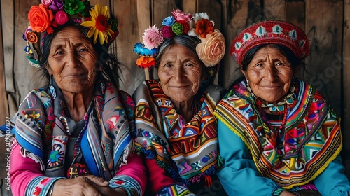 Women of Peru. Women of the World. Three elderly indigenous women wearing traditional colorful attire with floral headpieces smile gently against a wooden background. #wotw