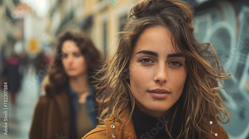 Women of Portugal. Women of the World. Stylish young woman with curly hair posing confidently on a busy street with another person blurred in the background. #wotw