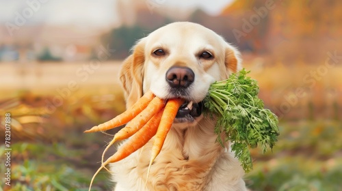 Un golden retriever luce orgulloso un bocado de zanahorias frescas, sus ojos brillan con la alegría de la abundancia otoñal, un compañero fiel en el resplandor de la cosecha de la estación. photo