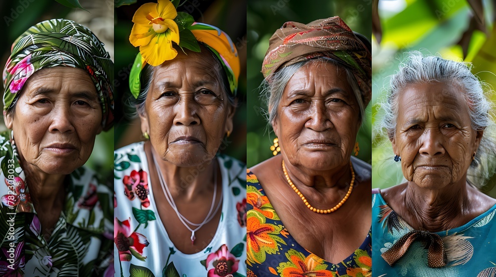 Women of Samoa. Women of the World. Four indigenous elder women with traditional attire pose against a nature background, each expressing a unique personality  #wotw