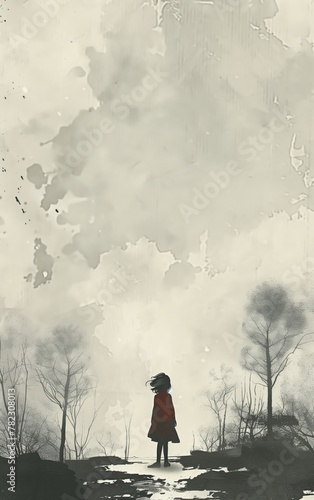 Un niño con una capa carmesí se sitúa en medio de un paisaje monocromo, observando un mundo delineado por susurros de árboles y el suave caos de las nubes arriba. photo
