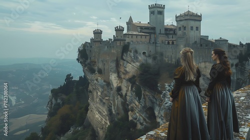 Women of San marino. Women of the World. Two women in medieval dresses are looking out over a vast landscape from the battlements of an ancient castle.  #wotw