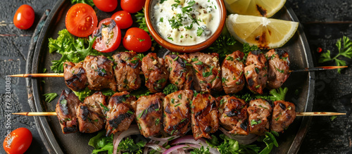 Souvlaki is a popular Greek dish made with skewered and grilled pieces of marinated meat, typically pork, chicken, or lamb. It's served with pita bread, tzatziki sauce onions, and lettuce