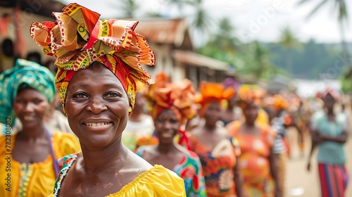 Women of Sao Tome and Principe. Women of the World. A vibrant portrait of an African woman with a colorful head wrap smiling at a cultural gathering. #wotw