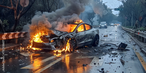 car colliding with a guardrail next to a zebra crossing. The whole car is burning, and the ground is covered with scattered car parts.