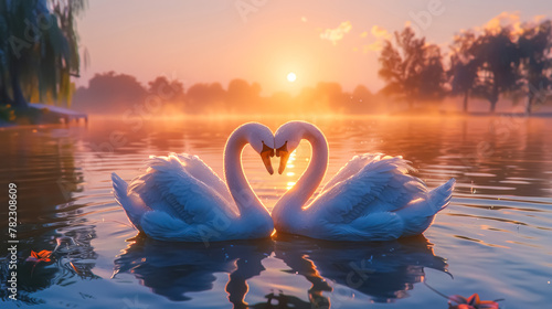 two swans forming a heart shape with their necks on a tranquil lake as the sunset photo