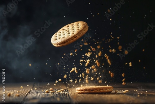 Biscuit split with crumbs falling photo