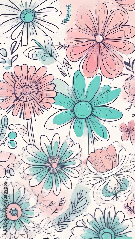 A colorful flowery background with a pink flower in the middle. The flowers are drawn in a very detailed and artistic way