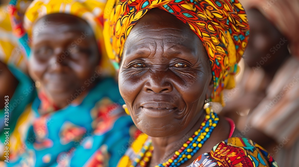 Women of The Gambia. Women of the World. An elderly African woman wearing a colorful headwrap smiles with joy, bringing a sense of cultural richness and happiness to the viewer  #wotw