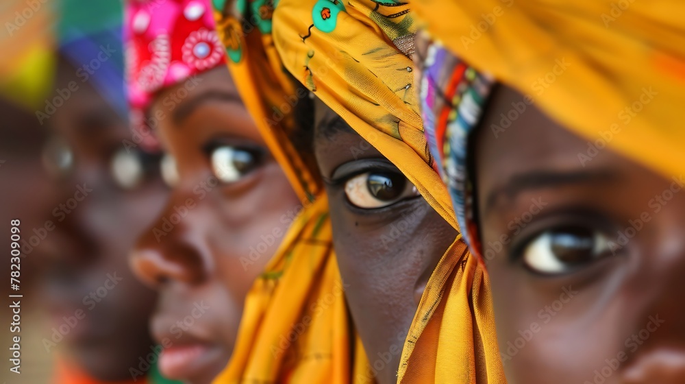 Women of The Gambia. Women of the World. Portrait of diverse women in colorful traditional headscarves peering out with focused gazes  #wotw
