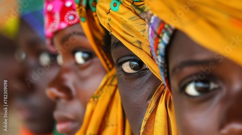 Women of The Gambia. Women of the World. Portrait of diverse women in colorful traditional headscarves peering out with focused gazes   wotw © Vivid Canvas